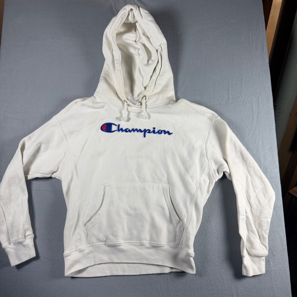 Champion Reverse Weave Mens White Script Logo Hoodie Sweatshirt GF757 Medium